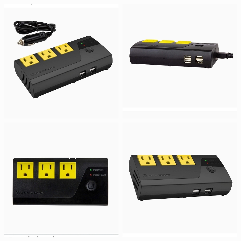 Scosche PI200PS-1 INVERT200 200W Mobile Power Inverter with 3 AC Outlets, 4 USB
